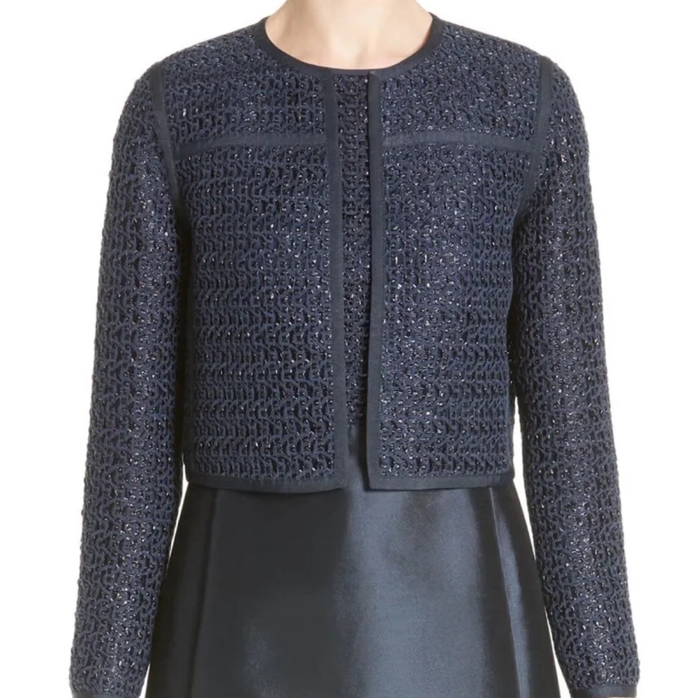 Lafayette 148 Kadian Navy Blue Woven Textured Cropped Jacket